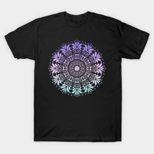 Purple and Teal Ombre Floral Leaf Mandala Flower on Black T-Shirt